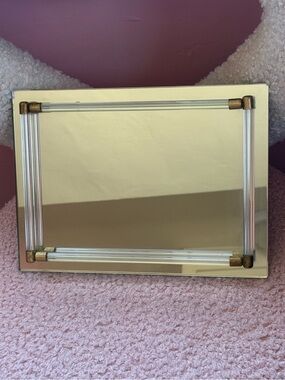 Vintage Mirrored Vanity Tray Glass Brass Lucite Perfume Jewelry Display Decor
